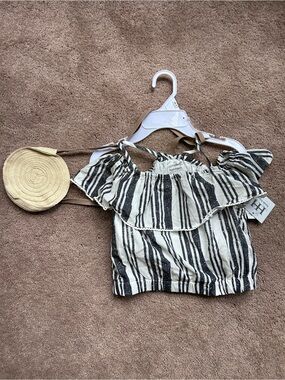 Haute Hippie Kids Black & White Striped Ruffle Off-Shoulder Top with Purse